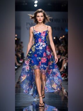 Marchesa Notte Cobalt Floral Asymmetrical Embroidered Tulle Gown sz 12